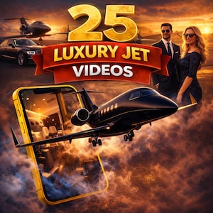 Op de afbeelding: Een advertentie voor "25 Luxury Jet Videos" toont een zwart straalvliegtuig dat uit een smartphone lijkt te komen. De achtergrond bevat een zonsondergang, andere jets, een luxe auto en een elegant gekleed stel. De tekst is goud en rood.