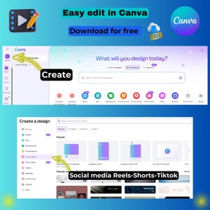May include: A screenshot of the Canva website interface, showcasing design options. The image highlights the "Create" button and social media templates for Reels, Shorts, and TikTok. Text includes "Easy edit in Canva" and "Download for free."