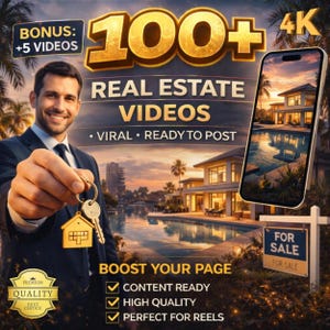 100 clips vidéo sur l'immobilier de luxe | Réseaux sociaux 4K (téléchargement numérique, édition Canva)