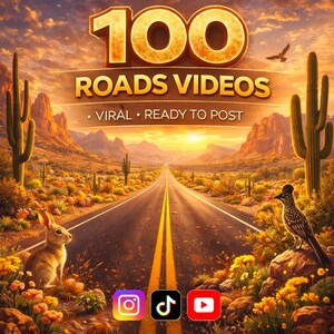 Puede incluir: Gráfico digital con el texto "100 Roads Videos" sobre una escena de carretera desértica. La imagen incluye un conejo, un correcaminos e iconos de redes sociales para Instagram, TikTok y YouTube. También se incluyen las palabras "Viral" y "Ready to Post".