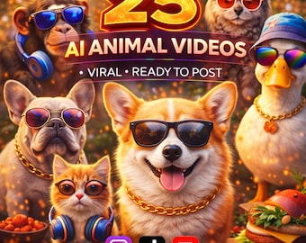 25 AI-dierenvideo's | Virale rollen, TikTok, YouTube (digitale download)