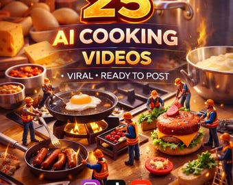 25 AI Cooking Videos | Viral Reels, TikTok, YouTube (Digital Download, Canva Editable)