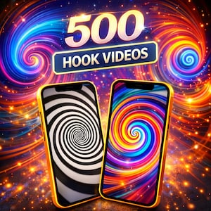 May include: Two gold-framed smartphones with swirling patterns. One displays a black and white spiral, the other a colorful rainbow swirl. The image features the text "500 HOOK VIDEOS" against a vibrant, swirling background.