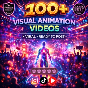 May include: A vibrant digital graphic promoting "100+ Visual Animation Videos." The image features a central figure with energy emanating from them, surrounded by a crowd and dynamic light effects. Includes social media icons and text: "Viral • Ready to Post."