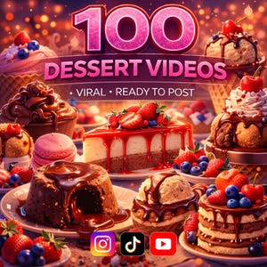 Könnte beinhalten: Ein farbenfrohes Bild mit verschiedenen Desserts, darunter Kuchen, Cupcakes und Eistüten, die mit Schokolade überzogen und mit frischen Beeren garniert sind. Der Text "100 Dessert Videos" wird zusammen mit Social-Media-Symbolen angezeigt.