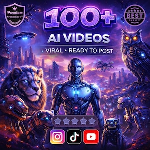 May include: A digital art image with a futuristic theme, featuring a metallic humanoid figure, a lion, an owl, and robotic creatures. The text reads "100+ AI VIDEOS" and "VIRAL &bull; READY TO POST". Social media icons are also present.