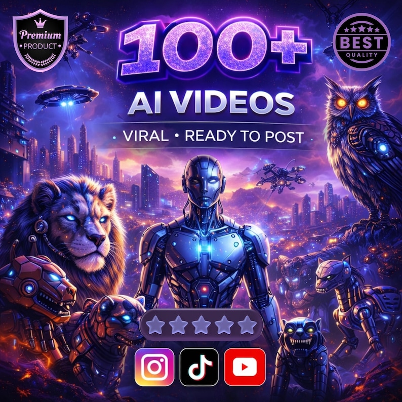 May include: A digital art image with a futuristic theme, featuring a metallic humanoid figure, a lion, an owl, and robotic creatures. The text reads "100+ AI VIDEOS" and "VIRAL &bull; READY TO POST". Social media icons are also present.