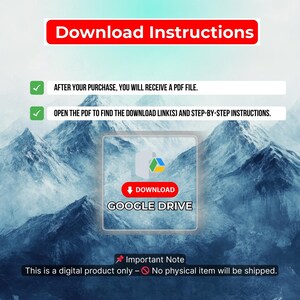 May include: A digital product download guide with a mountain landscape background. The red banner at the top reads "Download Instructions." The guide includes steps for receiving a PDF file and finding download links. A Google Drive download button is featured.