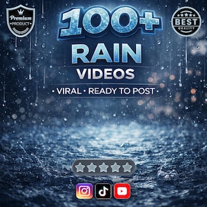 May include: A digital graphic advertising "100+ Rain Videos." The image has a dark blue backdrop with falling water droplets and a rippling water surface. Text includes "VIRAL • READY TO POST." Social media icons are at the bottom.