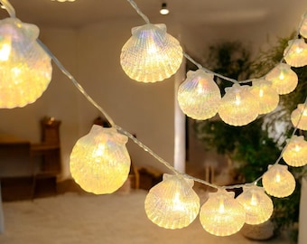 Shell String Lights, Coastal Beach Decor, Nautical Fairy Lights, Ocean Inspired Room Decor, Seashell Lights for Bedroom, Beach House Gift
