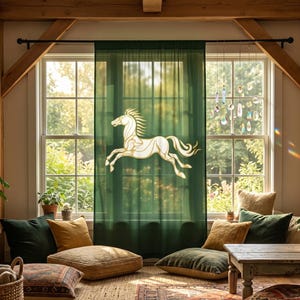 Rohan Horse Lord Banner Sheer Curtain, Golden Stallion Green Window Drape, Mythic Fantasy Book Lover Home Decor, Heroic Home Decor Gift
