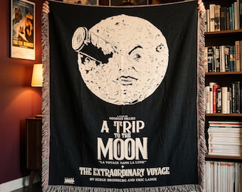 A Trip To The Moon Woven Blanket, Georges Melies Silent Film Tapestry Throw, Vintage Cinema Couch Blanket, Dark Cinephile Gift Wall Decor