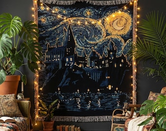 Wizard School Woven Blanket, Fantasy Movie Gift, Fantasy Book Decor, Starry Night Castle Tapestry, Magical Woven Art for Dorm Room Decor