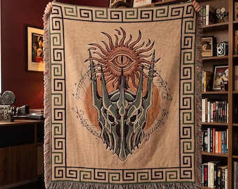 Sauron Eye Woven Blanket, Dark Lord Helmet Elvish Tapestry Throw, One Ring Grimdark Couch Blanket, Epic Fantasy Villain Fan Gift Wall Decor
