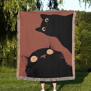 Psychedelic Funny Weird Black Cat Woven Blanket, Surreal Trippy Feline Tapestry Throw, Staring Eyes Couch Blanket, Cat Lover Gift Wall Decor