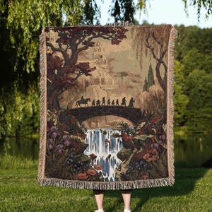 Fantasy Fellowship Journey Woven Blanket: Elven City Landscape Tapestry, Fantasy Book Gift, Bookish Aesthetic Decor, Meadow Floral Throw