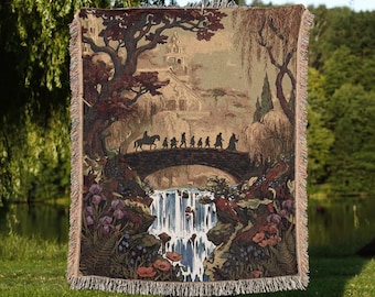 Fantasy Fellowship Journey Woven Blanket: Elven City Landscape Tapestry, Fantasy Book Gift, Bookish Aesthetic Decor, Meadow Floral Throw
