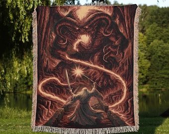 Grey Wizard vs Fiery Demon Woven Blanket, Fantasy Book Gift, Shadow and Flame Tapestry Throw, Dark Academia Gothic Decor, Bridge Battle
