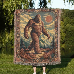 Bigfoot Sasquatch Woven Blanket, Cryptid Mountain Tapestry Throw, Yeti Forest Couch Blanket, Funny Outdoor Adventure Fan Gift Wall Decor