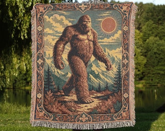 Bigfoot Sasquatch Woven Blanket, Cryptid Mountain Tapestry Throw, Yeti Forest Couch Blanket, Funny Outdoor Adventure Fan Gift Wall Decor