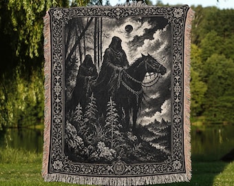 Nazgul Grimdark Woven Blanket, LOTR Black Rider Engraving Tapestry Throw, Dark Forest Couch Blanket, Tolkien Gothic Fan Gift Wall Decor