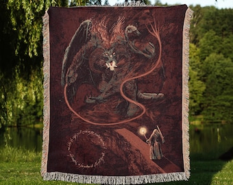 Grey Wizard vs Shadow Demon Woven Blanket, Stone Bridge Battle Tapestry, Fantasy Movie Gift, Fantasy Book Decor, Mythic Standoff Art Throw