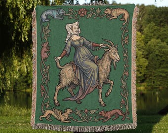 Noble Woman Riding Goat Woven Blanket, Medieval Style Tapestry, Weird Art Throw, Witchy Dark Academia Decor