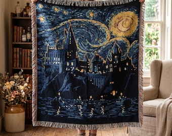 Wizard School Woven Blanket, Fantasy Movie Gift, Fantasy Book Decor, Starry Night Castle Tapestry, Magical Woven Art for Dorm Room Decor