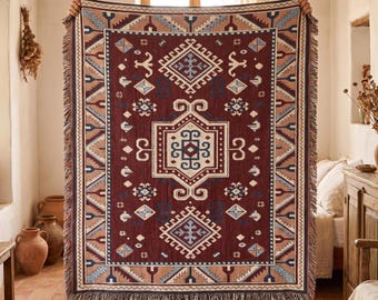 Caucasian Kilim Woven Blanket, Anatolian Tribal Tapestry Throw, Geometric Scroll Medallion Couch Blanket, Burgundy Boho Folk Gift Wall Decor