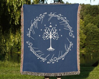 White Tree Of Gondor Woven Blanket, LOTR One Ring Elvish Tapestry Throw, Tolkien Script Couch Blanket, Middle Earth Fan Gift Wall Decor