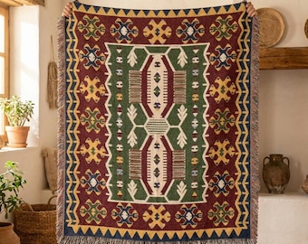 Oushak Kilim Woven Blanket, Turkish Anatolian Folk Tapestry Throw, Geometric Hexagon Medallion Couch Blanket, Burgundy Green Gift Wall Decor