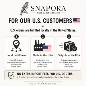 May include: A white informational graphic for Snapora Geek & Art Gift Store featuring a bird illustration, the text FOR OUR U.S. CUSTOMERS, a U.S. flag icon, and three numbered sections detailing local fulfillment, production, and shipping processes.