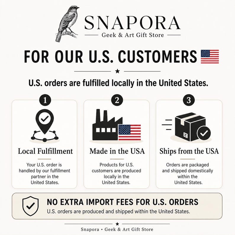 May include: A white informational graphic for Snapora Geek & Art Gift Store featuring a bird illustration, the text FOR OUR U.S. CUSTOMERS, a U.S. flag icon, and three numbered sections detailing local fulfillment, production, and shipping processes.