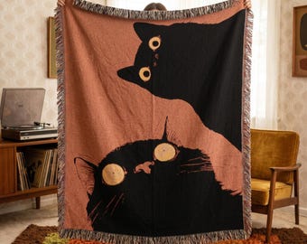 Psychedelic Funny Black Cat Woven Blanket, Surreal Trippy Feline Throw, Wall Tapestry Art