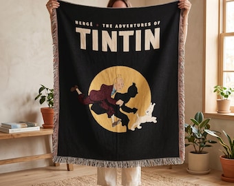 Tintin Comic Woven Blanket, Classic Graphic Novel Art Tapestry, Retro Adventure Mystery Throw, Snowy Dog Art, Comic Book Hero Library Decor