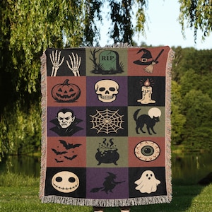 Halloween-lapptäcke-stil vävd filt, mysig pläd för höstdekor, kuslig gobelängpresent till Halloween, höstlig heminredning, säsongsbetonad komfort