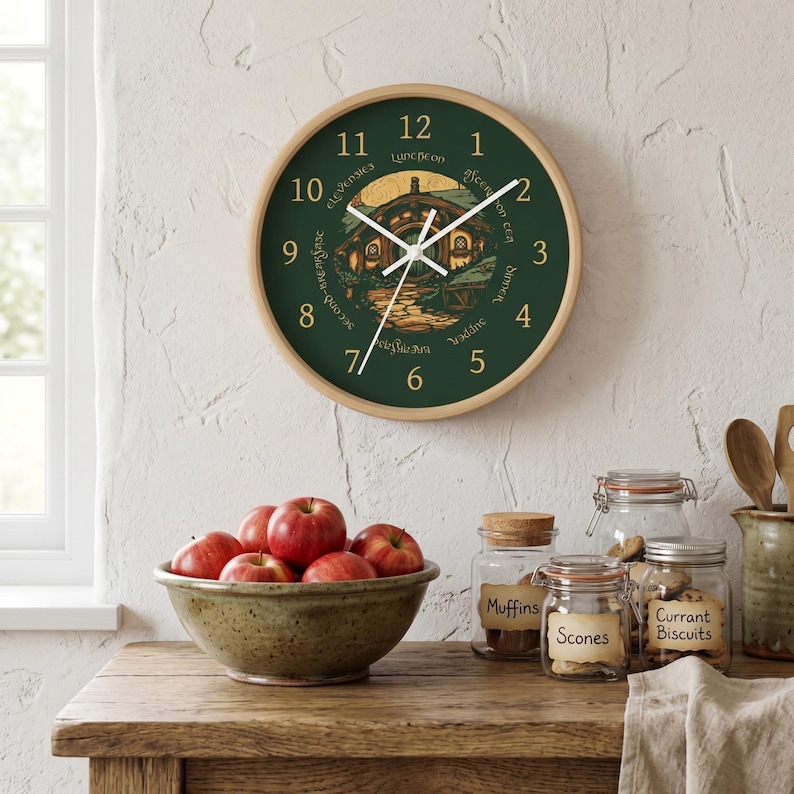Seven Meals Wall Clock: Round Door Cottage Art - Halfling Kitchen Decor - Silent Mechanism - Fantasy Book Gift image 4
