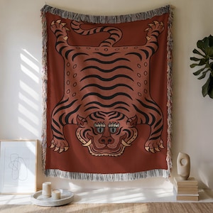 Tiger Rug Style Woven Blanket, Oriental Tiger Tapestry Wall Art, Boho Jungle Animal Throw, Bohemian Tiger Home Decor, Gift for Tiger Lovers