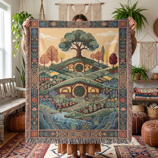 Halfling Village Round Door Woven Blanket, Fantasy Book Gift, Hillside Cottagecore Tapestry, Meadow Floral Throw, Bookish Aesthetic Decor