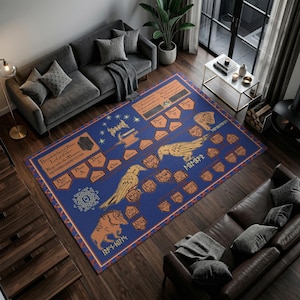 May include: A rectangular area rug featuring a deep blue background with a gold-toned genealogical chart. The design includes illustrations of two large birds, a boar, and various shield-shaped icons with text and runic-style inscriptions throughout.