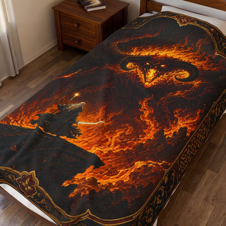 Gandalf vs. Balrog geweven deken, LOTR You Shall Not Pass wandtapijt, Khazad Dúm bankdeken, Tolkien Middle Earth fan cadeau wanddecoratie Velveteen Plush