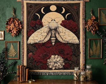 Moth Woven Blanket, Moon Phases Tapestry, Dark Academia Decor, Gothic Botanical Throw, Red Poppy Celestial Wall Hanging, Witchy Gift