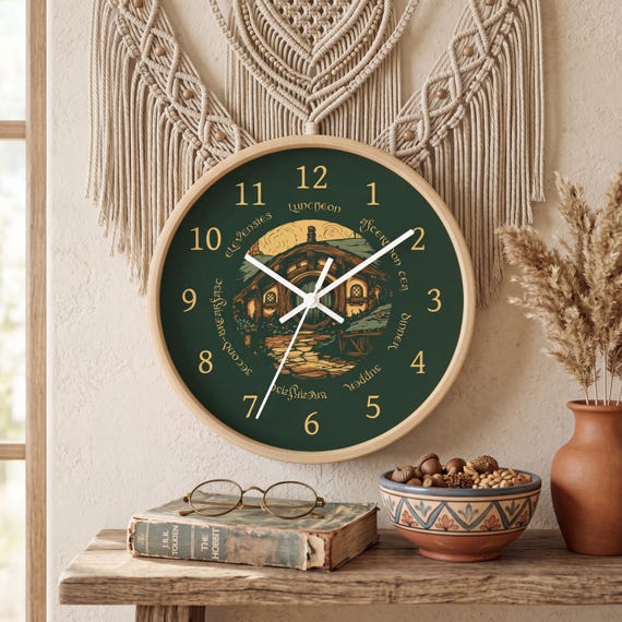 Seven Meals Wall Clock: Round Door Cottage Art - Halfling Kitchen Decor - Silent Mechanism - Fantasy Book Gift