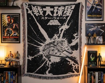 Retro Sci-Fi Movie Spaceship Woven Blanket: Vintage Galaxy Smuggler Tapestry, Japanese Poster Throw