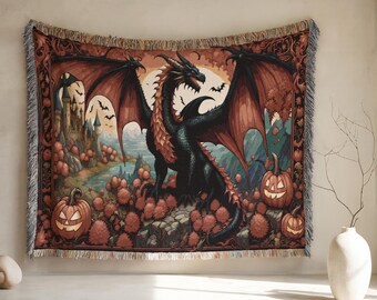 Manta tejida de castillo de dragón de Halloween: tapiz de fantasía espeluznante