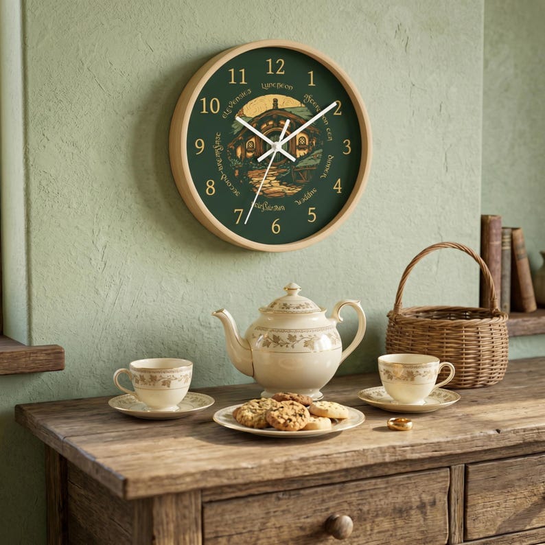 May include: A round wall clock with a light wood frame and a dark green face featuring a central illustration of a hobbit-style house, white hands, and gold numerals. A cream-colored teapot, two matching teacups, and a plate of cookies are present.