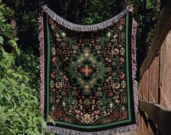 Vintage Persian Rug Throw Blanket, Oriental Afghan Style Tapestry, Ethnic Boho Home Decor, Green Persian Carpet Gift, Woven Blanket Gift