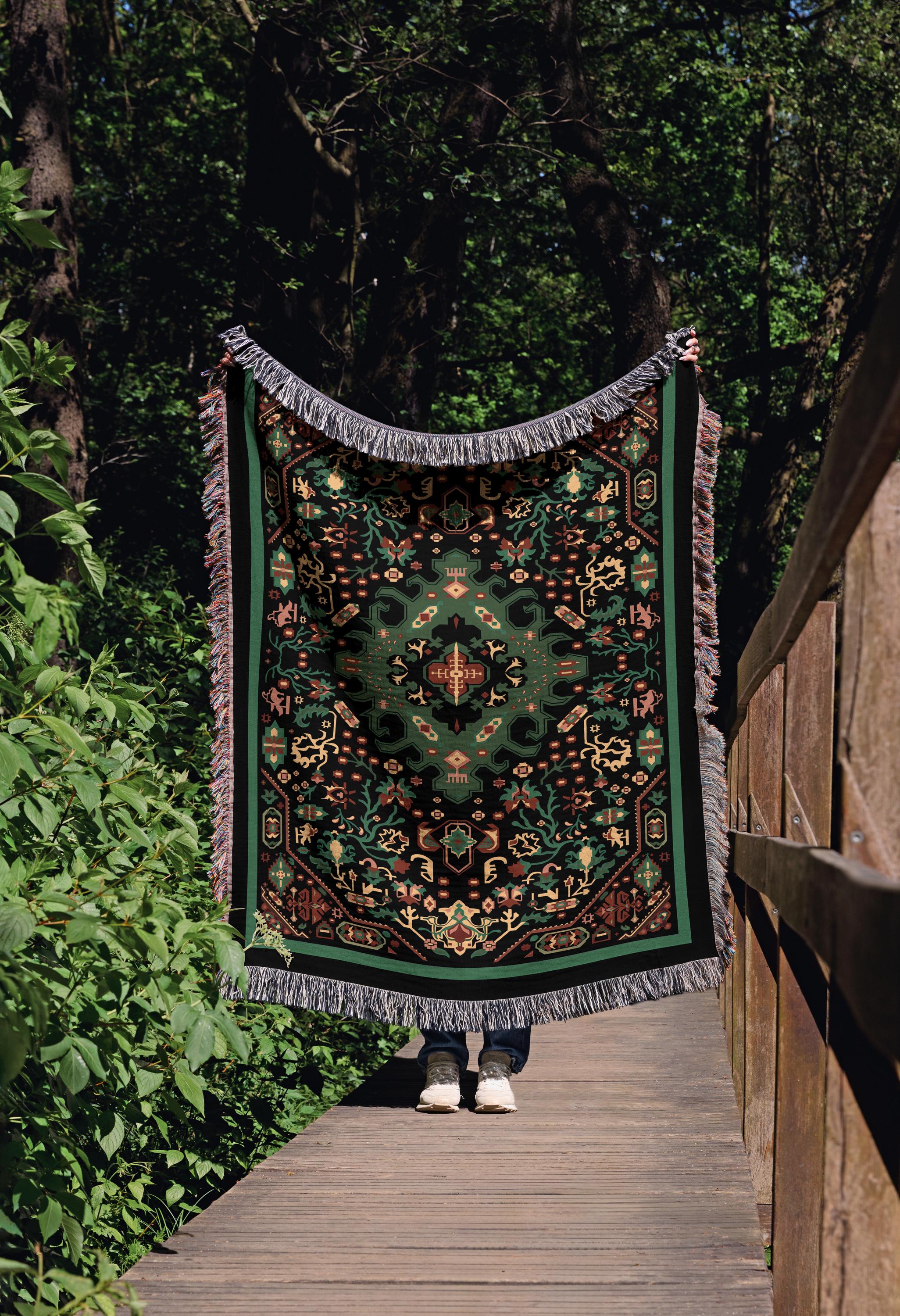 Vintage Persian Rug Throw Blanket, Oriental Afghan Style Tapestry, Ethnic Boho Home Decor, Green Persian Carpet Gift, Woven Blanket Gift