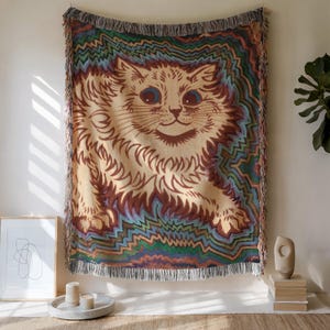 Psychedelic Kaleidoscope Cat Tapestry Blanket, Trippy Cat Woven Throw, Groovy Kitty Decor, Retro Cat Lover Gift, Louis Wain Inspired Art