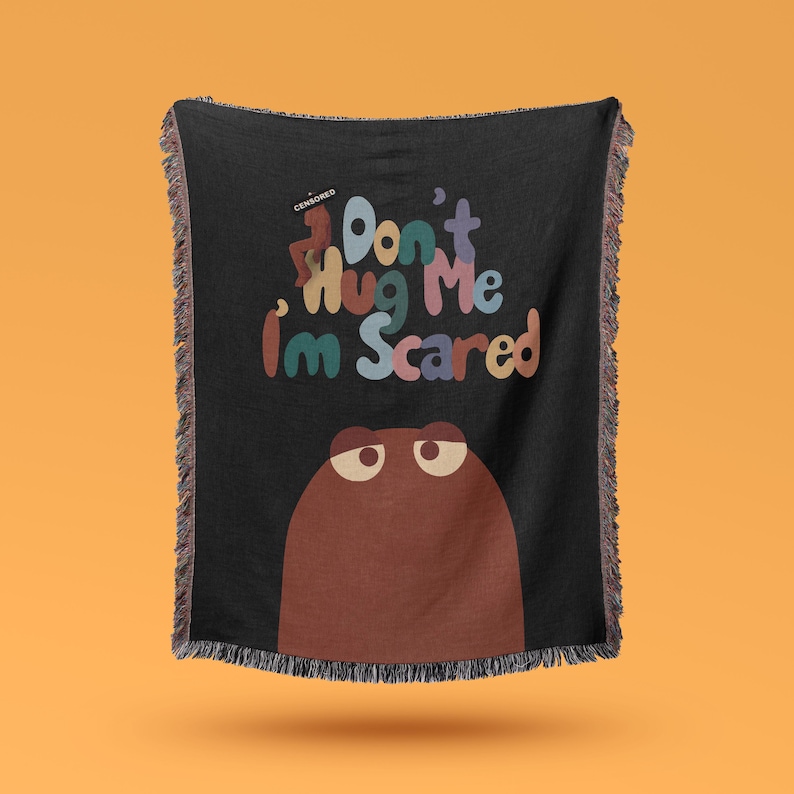 Don't Hug Me I'm Scared Woven Blanket, Funny Dark Humor Throw Blanket, DHMIS Tapestry Fan Gift, Weird Aesthetic Decor, Indie Cartoon Blanket